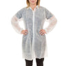 Person wearing a white disposable lab coat on a white background