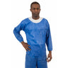 Person wearing a blue protective suit on a white background