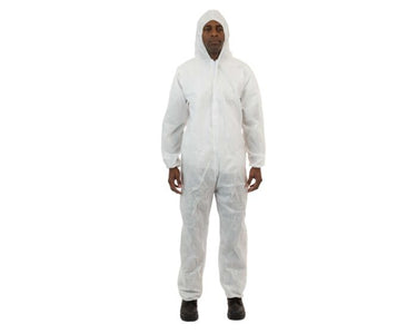 Person wearing a white protective suit on a white background