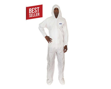 Person wearing a white coverall with a 'Best Seller' label on a white background