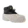 Black boot with a white boot cover on a white background