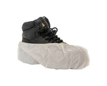 Black boot with a white boot cover on a white background