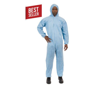 Person wearing a blue coverall with a 'Best Seller' label on a white background