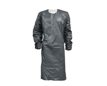 Gray disposable medical gown on a white background