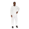 Person wearing a white coverall on a white background