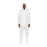 Person wearing a white coverall on a white background