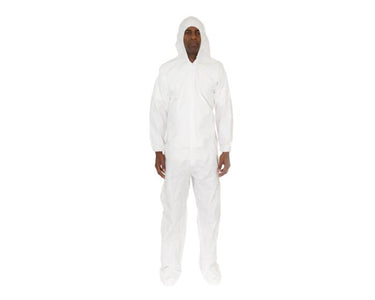 Person wearing a white coverall on a white background