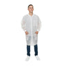 Person wearing a white disposable lab coat on a white background