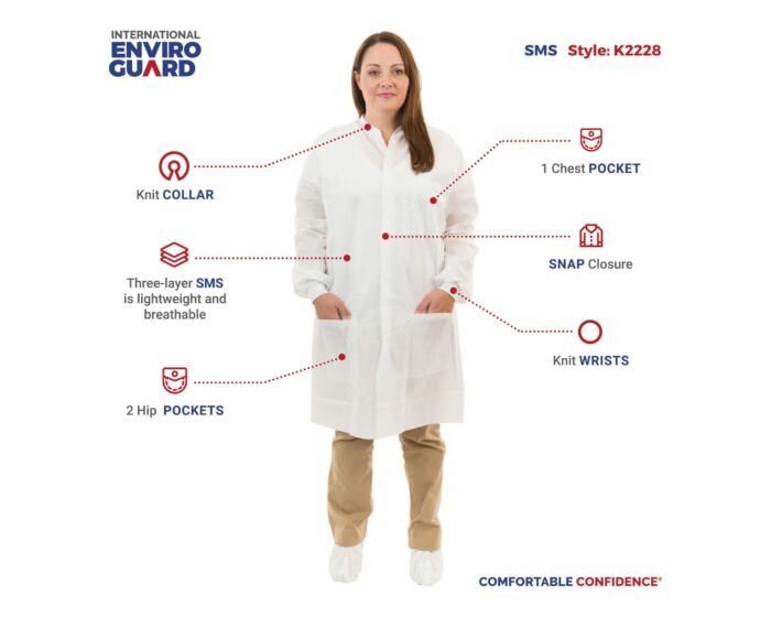 Woman wearing a white lab coat with labeled features on a white background, featuring the International Enviroguard brand.
