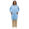Person wearing a light blue lab coat on a white background