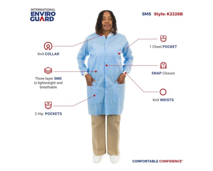 Person wearing a blue lab coat with features highlighted on a white background