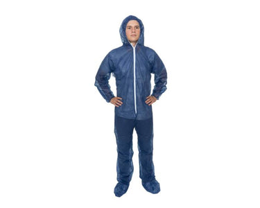 Person wearing a blue raincoat and pants on a white background