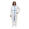 Person wearing a white coverall with blue accents on a white background