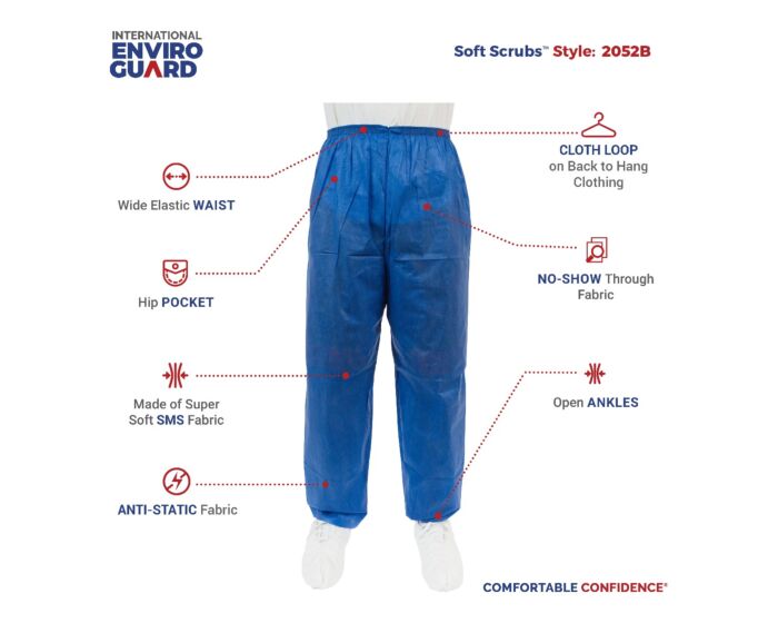 Blue scrubs pants with features highlighted on a white background, branded as International Enviro Guard.