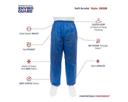 Blue scrubs pants with features highlighted on a white background, branded as International Enviro Guard.