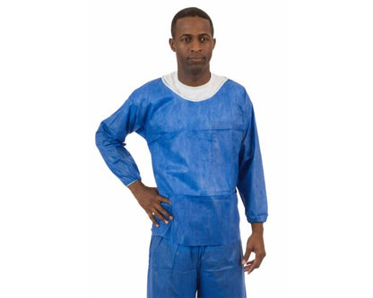 Person wearing a blue protective suit on a white background