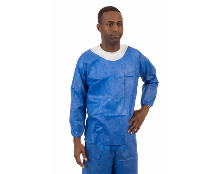 Person wearing a blue protective suit on a white background