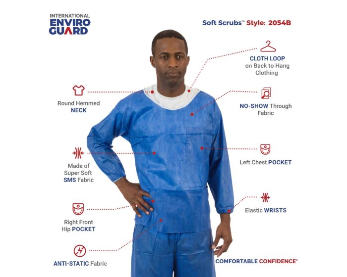 Person wearing a blue protective suit with features highlighted on a white background