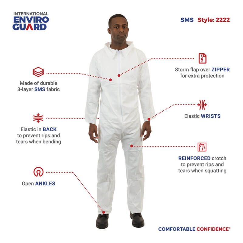 SMS Disposable Coveralls - Elastic Wrist, Open Ankle, 3-Layer Protection, Elastic Back, Zipper Closure (Case of 25) | Style 2222 - Hollis Supply