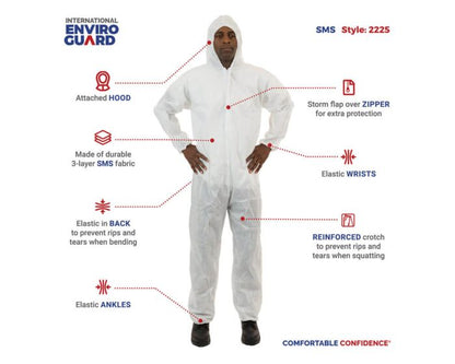 White protective suit with features highlighted on a white background, branded as International Enviro Guard.