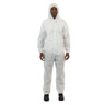 Person wearing a white protective suit on a white background