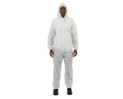 Person wearing a white protective suit on a white background