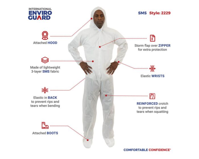 White protective suit with features highlighted on a white background, branded 'International Enviro Guard'.