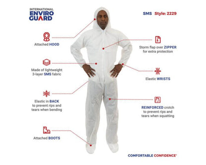 White protective suit with features highlighted on a white background, branded 'International Enviro Guard'.