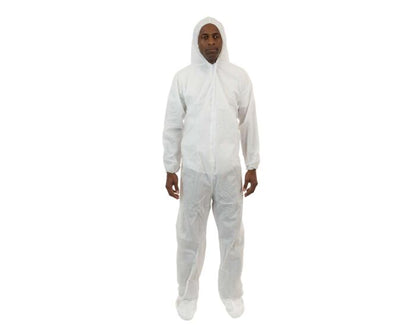 Person wearing a white protective suit on a white background