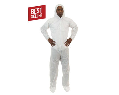 Person wearing a white coverall with a 'Best Seller' label on a white background