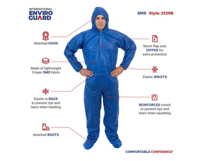 Person wearing a blue protective suit with features highlighted on a white background