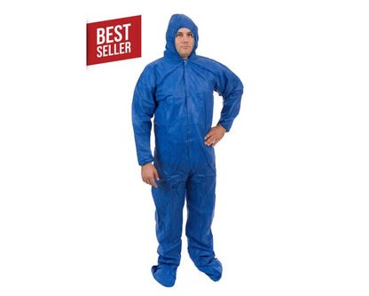 Person wearing a blue coverall with a 'Best Seller' label on a white background
