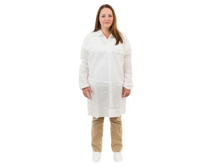 Person wearing a white lab coat and beige pants on a white background