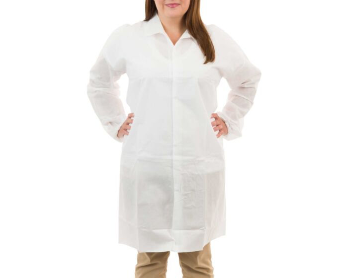 Person wearing a white lab coat on a white background