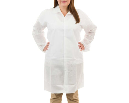 Person wearing a white lab coat on a white background