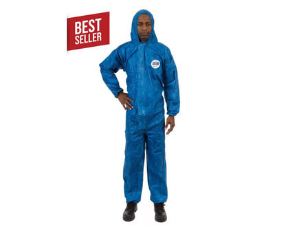 Person wearing a blue protective suit with a 'Best Seller' label on a white background