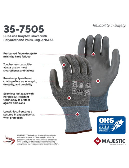 Majestic 35-7505 Cut-Less KorPlex A5 Cut Resistant Gloves with Premium PU Coating - (12 Pack)