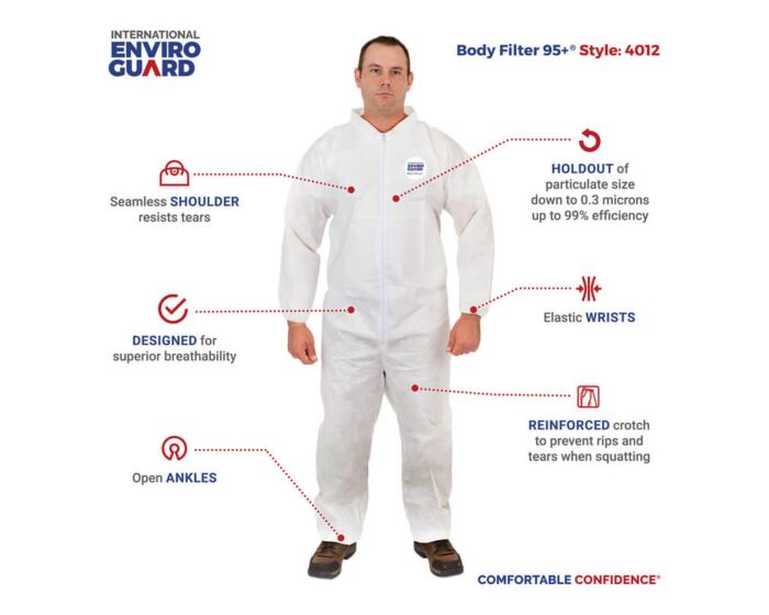 Body Filter 95+ Disposable Coveralls - N95-Level 95% Filtration Efficiency, Breathable Protection, Elastic Wrist, Collar, Zipper Closure (Case of 25) | Style 4012 - Hollis Supply