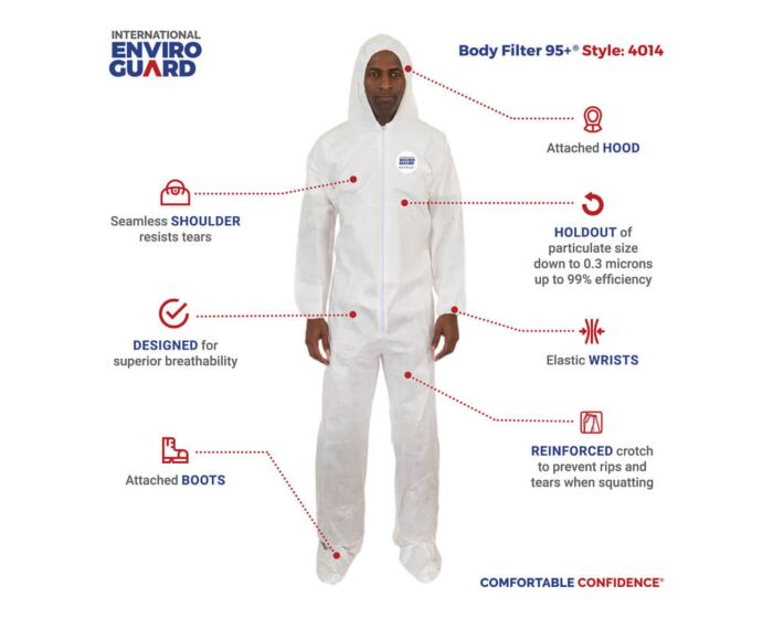 Body Filter 95+ Coverall, Hood, Boot, Elastic Wrist, Elastic Ankle - 4014 (25/Case) - Hollis Supply