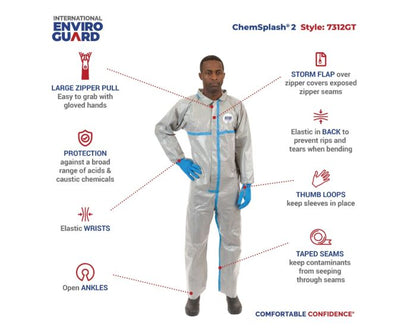 ChemSplash 2 Chemical Splash Coverall - Elastic Wrist/Ankle, Taped Seams, Open Ankle (Case of 6) | Style 7312GT - Hollis Supply