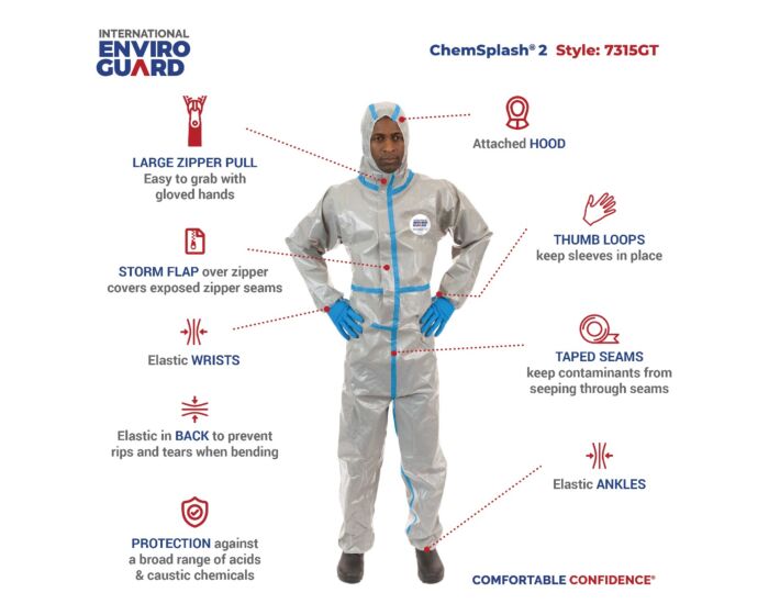 ChemSplash 2 Chemical Splash Coverall - Elastic Wrist/Ankle, Hood, Taped Seams (Case of 6) | Style 7315GT - Hollis Supply