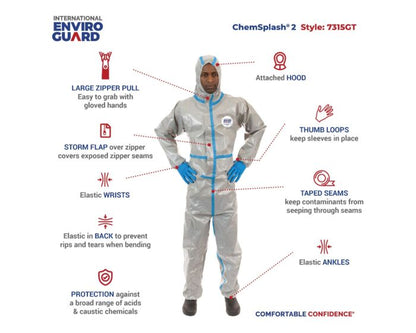 ChemSplash 2 Chemical Splash Coverall - Elastic Wrist/Ankle, Hood, Taped Seams (Case of 6) | Style 7315GT - Hollis Supply