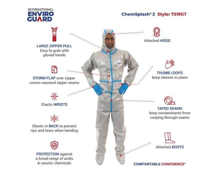 ChemSplash 2 Chemical Splash Coverall - Attached Hood, Boots, Taped Seams, Elastic Wrist (Case of 6) | Style 7319GT - Hollis Supply
