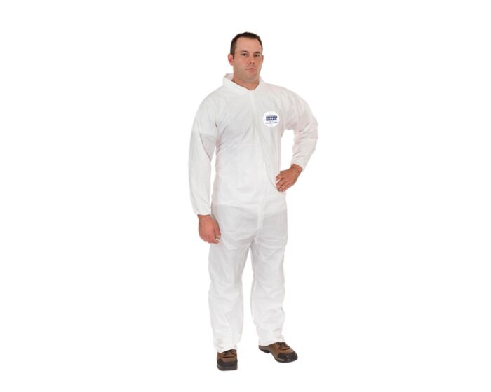Person wearing a white coverall on a white background