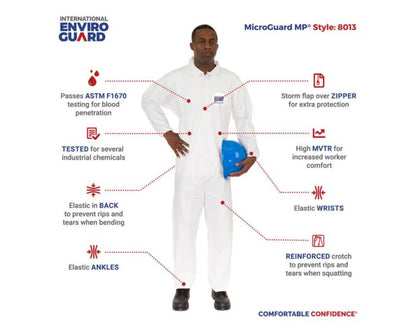 Person wearing a white protective suit with features highlighted, branded as International Enviro Guard.