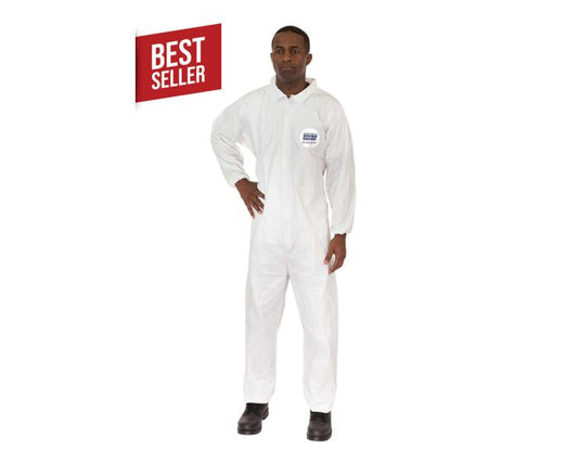 Person wearing a white coverall with a 'Best Seller' label on a white background