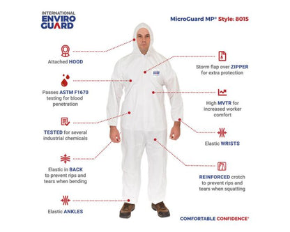 White protective suit with features highlighted on a white background, branded as International Enviro Guard.