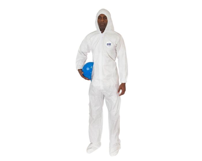 Person wearing a white protective suit holding a blue object on a white background