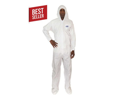 Person wearing a white coverall with a 'Best Seller' label on a white background
