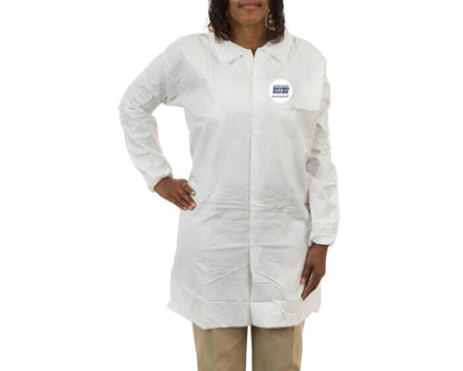 Person wearing a white lab coat with a logo on a white background